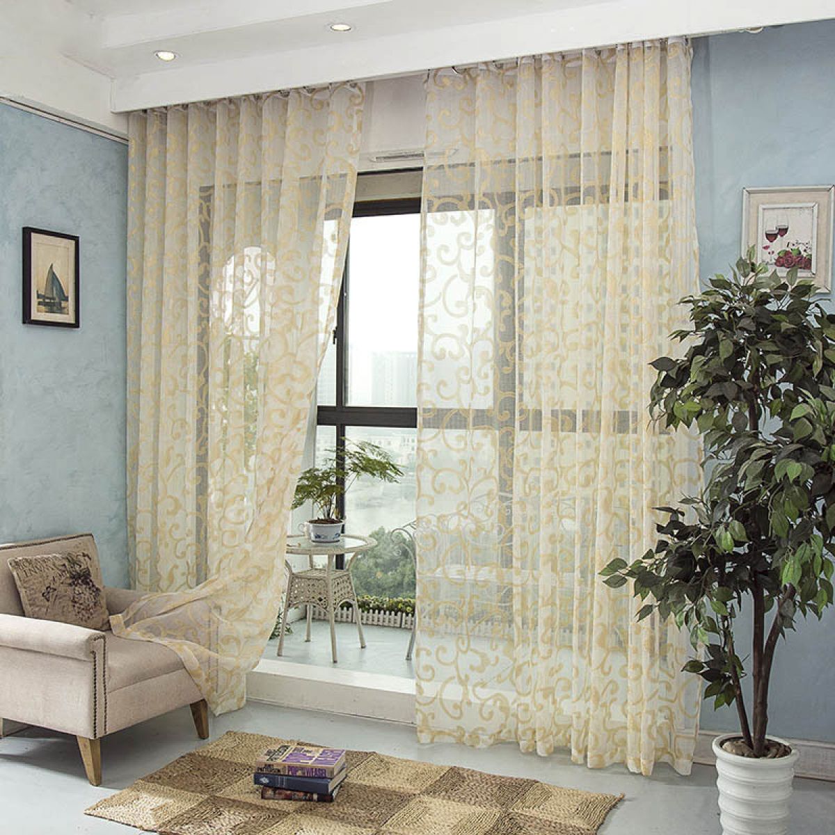 White and Gold Curtains Whirl Lines Semi-Sheer Energy Efficient 4 Prong ...